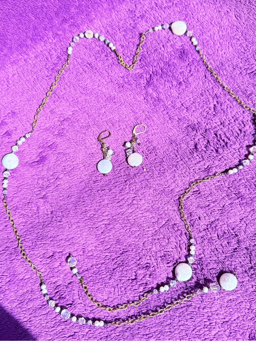 Pearl & Swarovsky Crystal Gold Tone Beaded Lariat Necklace and Earring Set